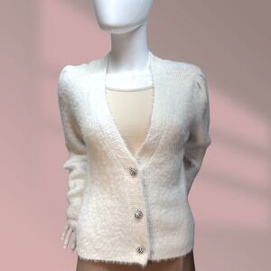 Marled Women's Ivory Cardigan With Rhinestone Buttons Fluffy & Cozy Sz Small
